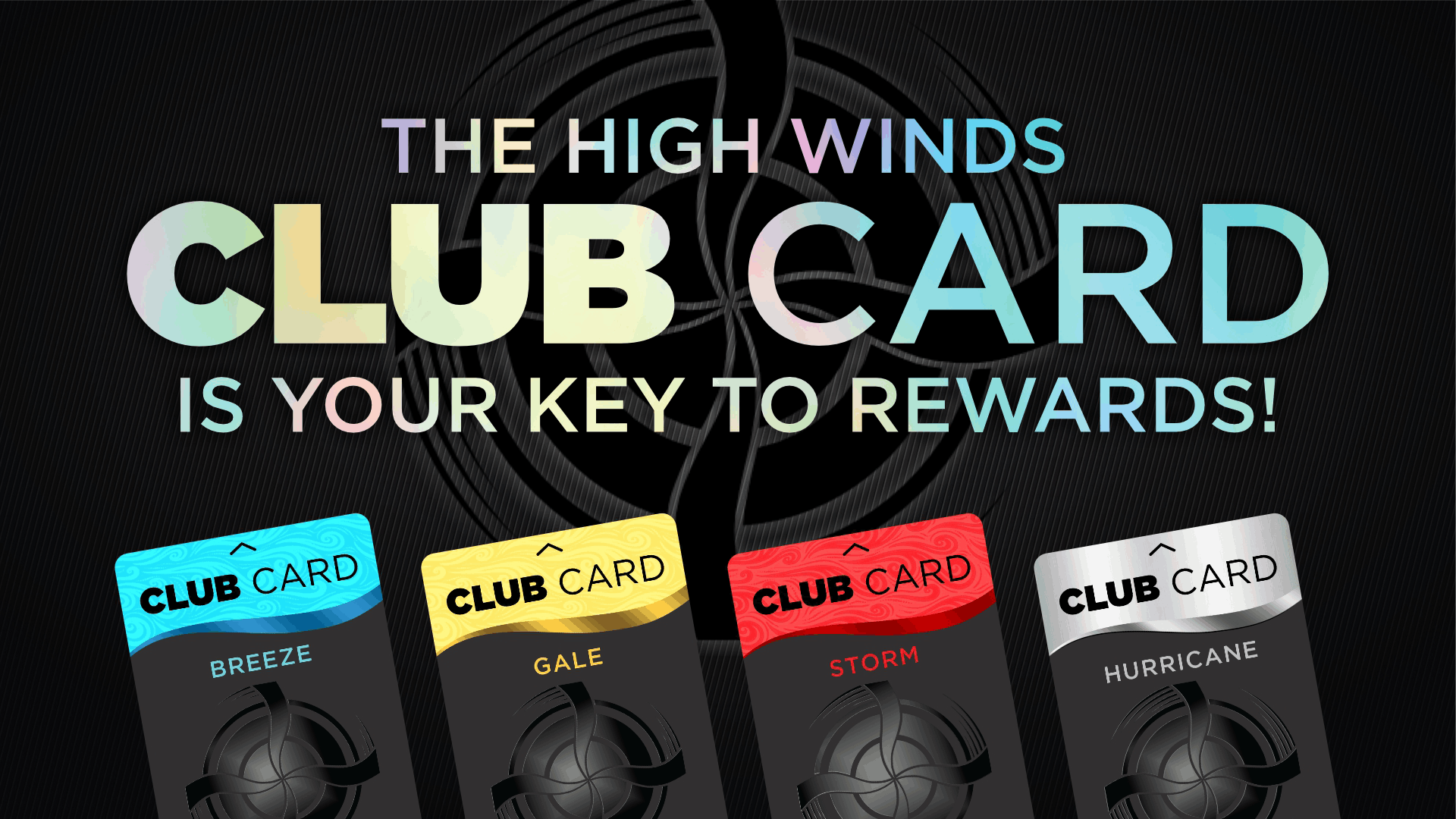 High Winds Casino Club Card promotional graphic with the text 'The High Winds Club Card is your key to rewards!' The image showcases four tiered club cards labeled Breeze (blue), Gale (yellow), Storm (red), and Hurricane (silver) against a dark background with a subtle wind-themed design.
