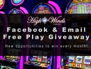 "High Winds Casino Facebook & Email Free Play Giveaway promotion. The image features a background of brightly lit slot machines with neon purple lighting and text overlay announcing new opportunities to win free play every month."  Let me know if you need any modifications!