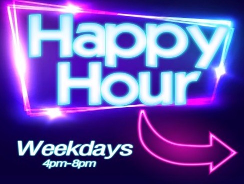 "Happy Hour promotion with neon-style glowing text. The sign announces 'Happy Hour' on weekdays from 4 PM to 8 PM, with a bright blue and pink glowing arrow pointing to the details."